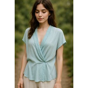 Vtg Campus Casuals draped flowy romantic plunge v-neck Baby blue top Large L